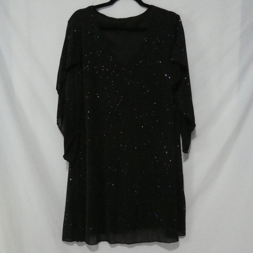 EARO | 1XL | Elegant Black Shimmer Knee Length Long Sleeve V-Neck Dress